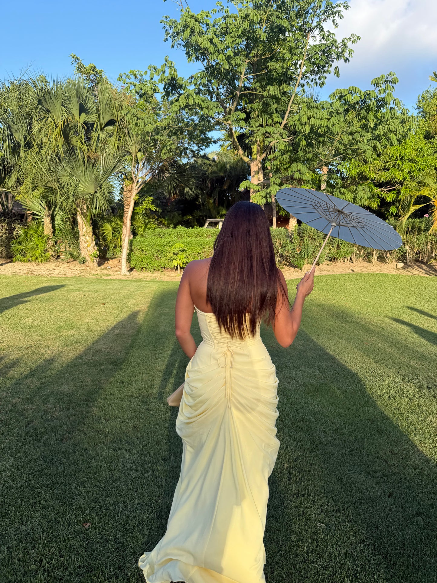 Strapless Yellow Ruched Maxi
Dress with Side Slit