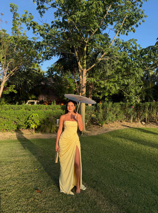 Strapless Yellow Ruched Maxi
Dress with Side Slit