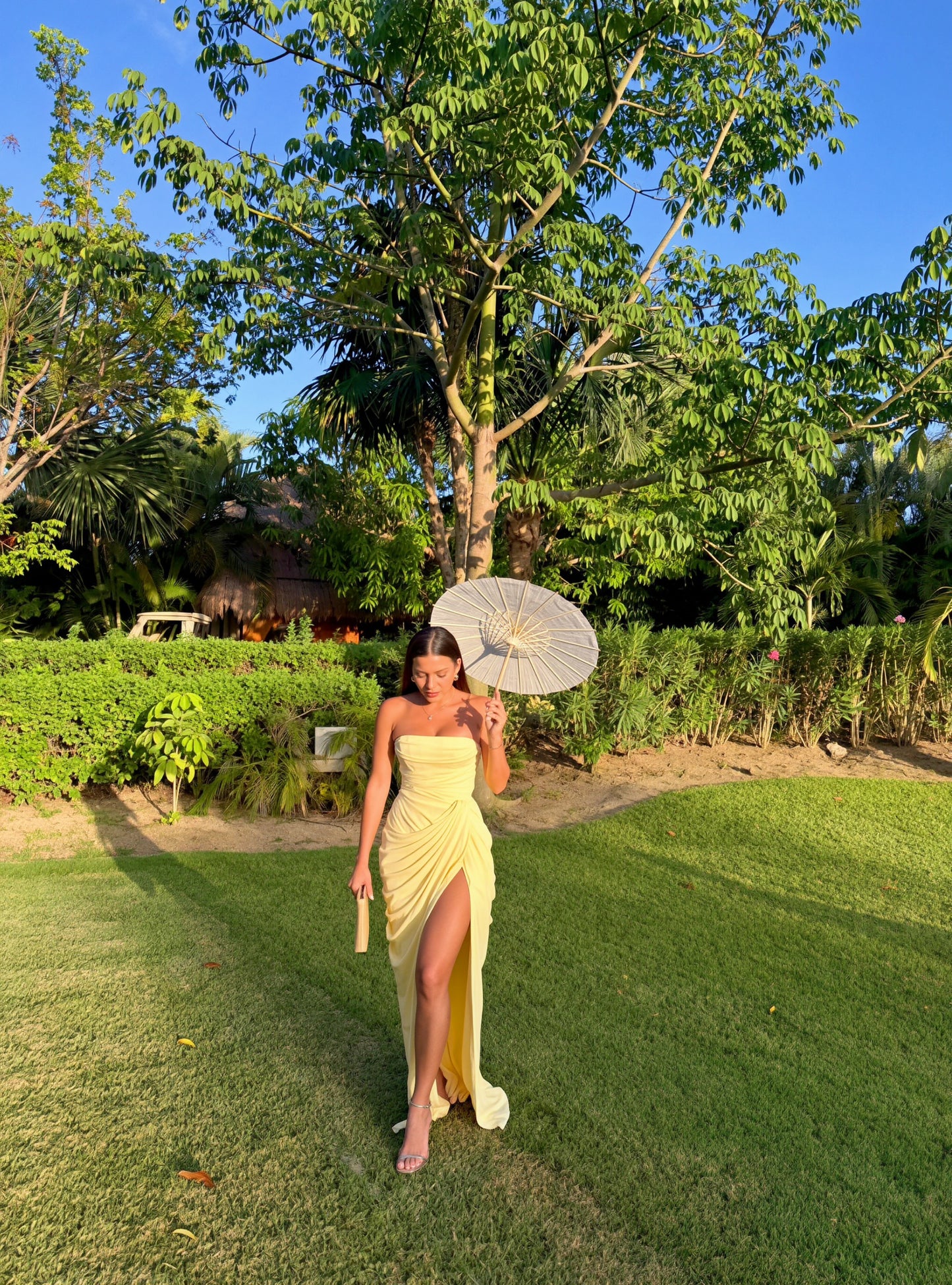 Strapless Yellow Ruched Maxi
Dress with Side Slit